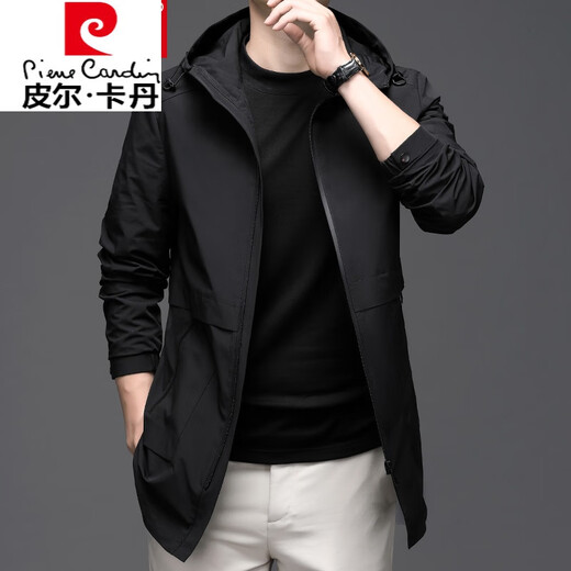 皮尔卡丹（pierre cardin）【易穿搭】中长款风衣男士连帽衫外套春秋季宽松大码运动休闲 黑色 180/XL