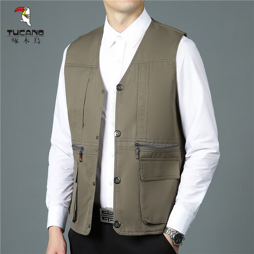 啄木鸟（TUCANO）中老年人男钓鱼马甲两面穿户外春秋薄多口袋马夹背心摄影爸爸坎肩 【款一】卡其 建议145-170斤