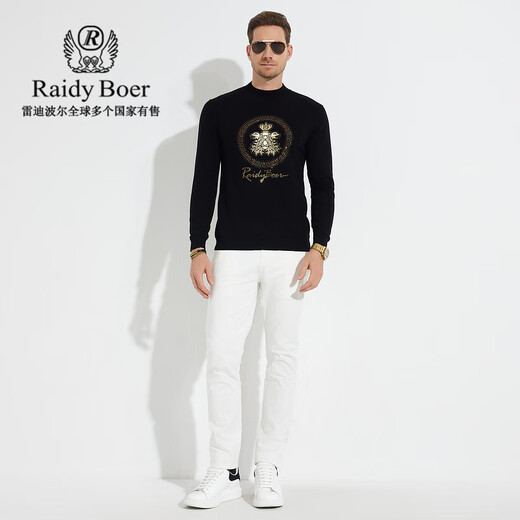 Raidy Boer/雷迪波尔【100%绵羊毛】男双头鹰烫钻羊毛衫毛衣5031 黑色  180/52/XL
