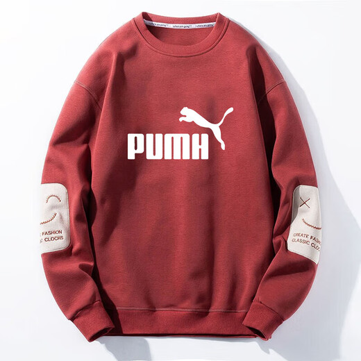 Men's sweatshirt autumn and winter thickened velvet round neck printed long-sleeved T-shirt men's large size casual bottoming shirt jacket suit brick red (spring and autumn) XL