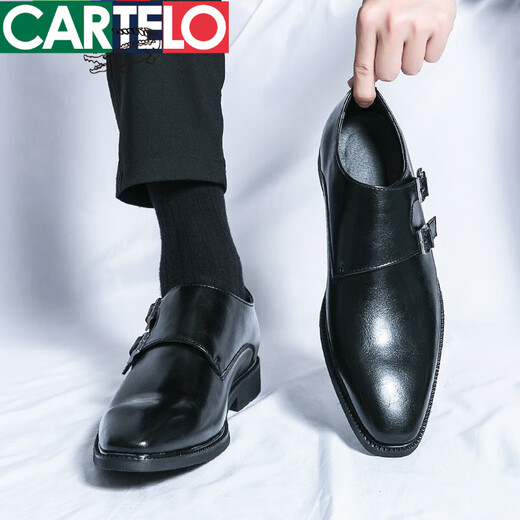 卡帝乐鳄鱼（CARTELO）皮鞋男士夏季搭扣复古商务正装休闲朋克夜发型师新郎结婚鞋男鞋子 -3883黑色 38