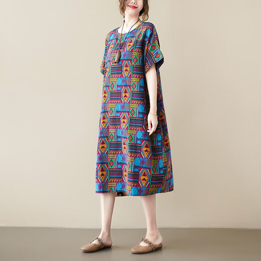 Jiandang summer large-size women's loose slim dress literary and fashionable retro short-sleeved meat-covering mid-length skirt XR686 683 geometry One-size [130-185Jin[Jin equals 0.5 kg]]