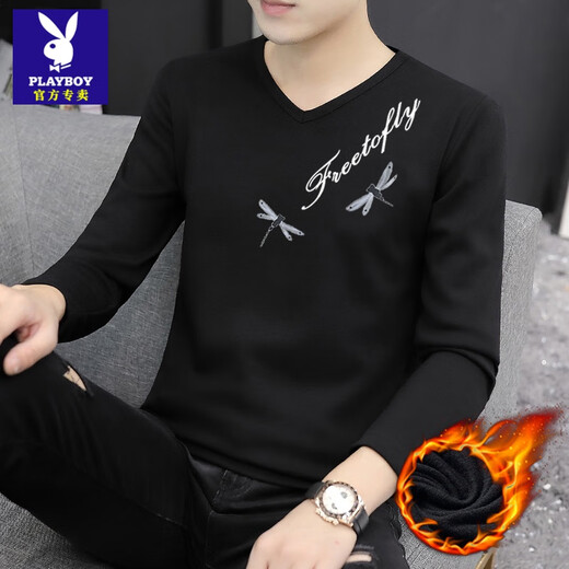 Playboy (PLAYBOY) velvet warm bottoming shirt men's slim V-neck long-sleeved t-shirt autumn and winter simple top sweetheart neck inner T-shirt white 9988 V-neck velvet XL