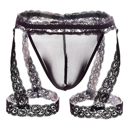 Ye Zimei men's lace suspenders thong men's sexy underwear transparent mesh t-pants leggings sexy see-through shorts red one size