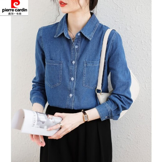 Pier Cardin Korean versatile layered denim shirt for women in spring and autumn, long-sleeved retro loose base shirt jacket, small dark blue XL
