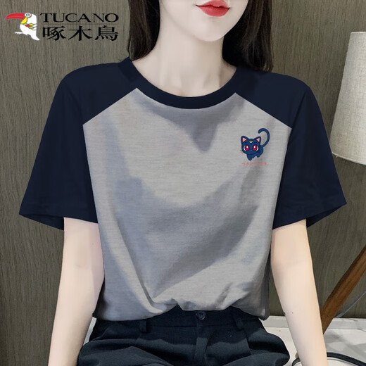 Woodpecker T-shirt Women's Retro Raglan Short Sleeve T-shirt Women's 2025 New Cotton T-shirt Design Niche Top Western Style 1476 Flower Gray-Raglan Sleeve XXXL