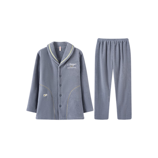 Fenten Couple Pajamas Thickened Double-sided Warm Velvet Autumn and Winter Lapel Long Sleeve Simple Warm Home Clothing Set Light Gray Blue-Men's 2XL