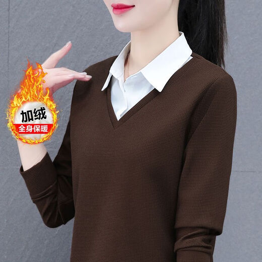 ZHIDOUDOU casual vacation two-piece hooded pullover top women fake two-piece shirt women 2024 spring and autumn new fashion lapel trend ws5009 brown color - spring and autumn style 10XL m 100Jin [Jin equals 0.5 kg]