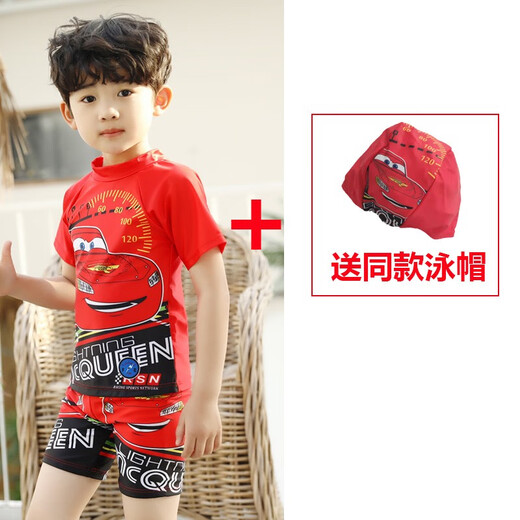 Zhidoudou Summer Boy Cartoon Badeanzug Kinder Split schnell trockener Sonnenschutz Medium-Big Kinder Cartoon Car Racing-Bewegung DXS-2677+Schwimmbrillen+Autoschuhe Bemerkungen Fuß Länge S All Size