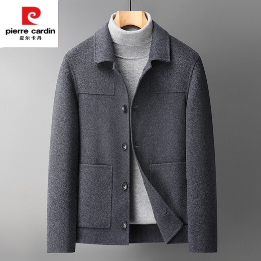 皮尔卡丹（pierre cardin）秋冬季羊毛加厚双面呢大衣男士短款翻领休闲毛呢纯色夹克外套 黑色 L 175