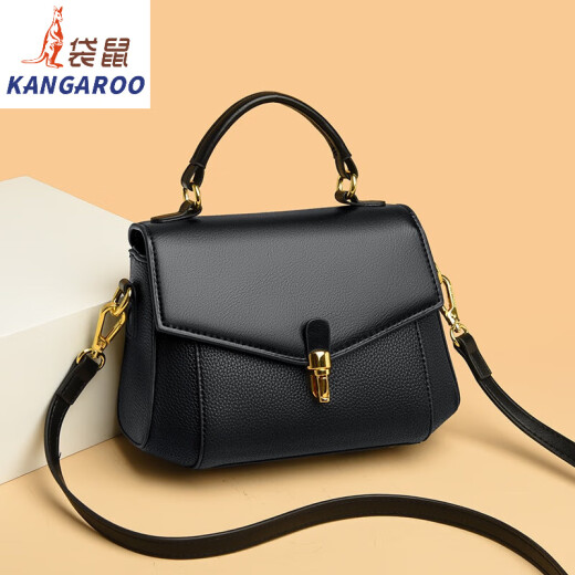 袋鼠（KANGAROO）女包2024新款小众轻奢时尚牛皮妈妈贝壳包眞皮撞色女士手提斜挎包 蓝色