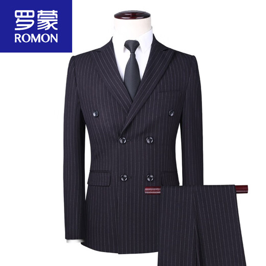 ROMON brand high-end suit suit men's double-breasted striped wedding British slim suit men's groom's wedding dress 1882 navy three-piece suit 180