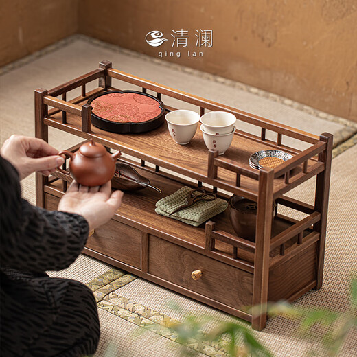 QINGLAN North American walnut tea set tea cup storage rack tea rack storage rack new Chinese style solid wood ornaments display cabinet Lanting storage rack_Walnut