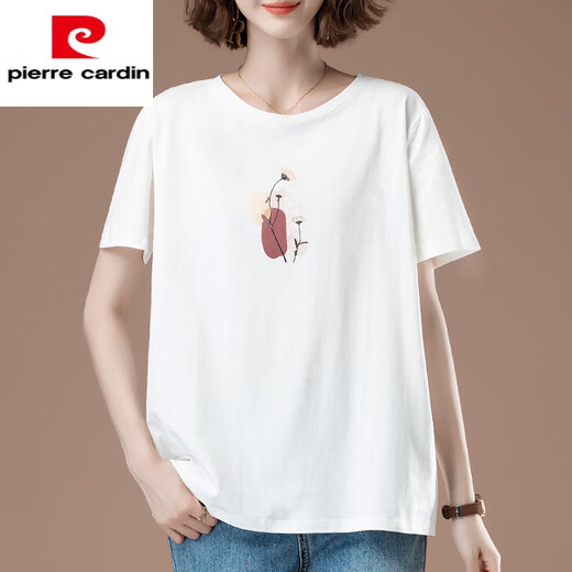 皮尔卡丹（pierre cardin）胖m|m短袖t恤女夏季加大尺码女装宽松纯|棉中年妈i妈显瘦薄款百搭 白色【9896款】 棉95%氨纶5% L