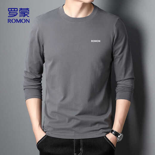 Romon long-sleeved T-shirt men's 2025 autumn solid color men's casual loose cotton bottoming shirt tops men's CT51 dark gray XL