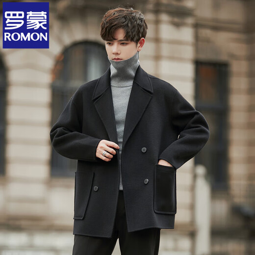 ROMON double-sided fleece coat men's short 2025 new Korean style windbreaker winter thickened wool suit jacket black M (120~140Jin Jin equals 0.5 kg)