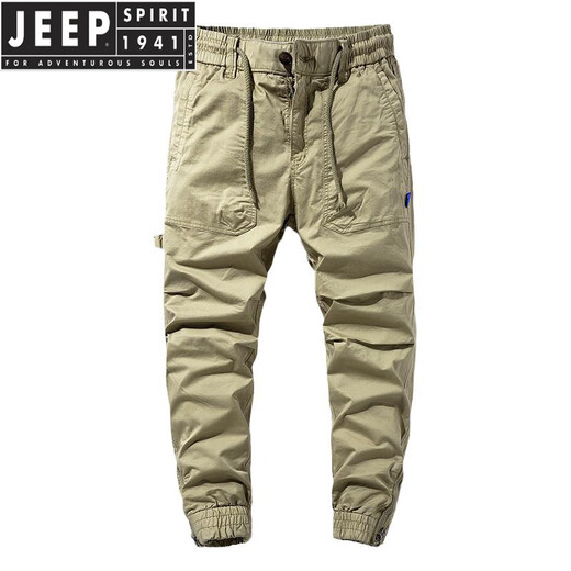 Jeep Spirit Casual Hosen für Männer 2025 Frühling und Herbst Neue losen Bindfuß Sport neun Punkte elastische Werkzeuge Lange Hosen für Männer Khaki 679 Sommer Thin 28 Vorschlagen 90-110jin [Jin gleich 0,5 kg]