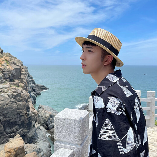 明星同款草帽女夏天小清新麦秆平顶草帽男潮出游海边百搭遮阳英伦平沿礼帽 路飞-麦秆原色（5.5cm檐） 模特款 M（56-58cm）