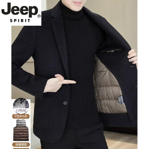 JEEP SPIRIT轻奢高档羊绒大衣男士羊毛西装男装秋冬短款羽绒内胆双面呢外套男 818黑色（双面呢） （63羊毛脱卸 M （95-105斤）