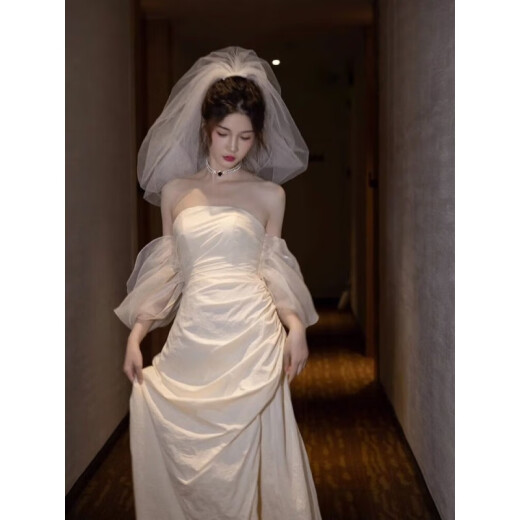 Luzhoudu Huqiu Wedding Dress French Light Bride 2024 New Fishtail Satin Little Man Going Out Yarn Retro Simple Welcome Beige S
