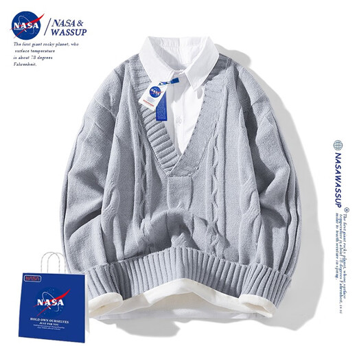 Nasawassup official fashion brand co-branded sweater men's autumn and winter solid color shirt collar fake two-piece warm college style men's sweater off-white XL (recommended 120-140Jin Jin equals 0.5 kg)