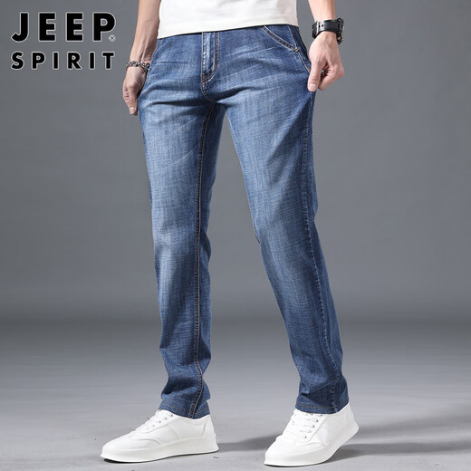 JEEP SPIRIT吉普牛仔裤男宽松春夏季男士直筒裤微弹休闲裤 磨白蓝色 34