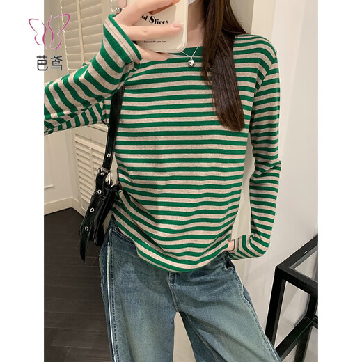 T-shirt rayé à manches à manche rond Bayuan pour femmes au début de l'automne et de la conception d'hiver Niche lâche et polyvalent à fond intérieur décontracté.