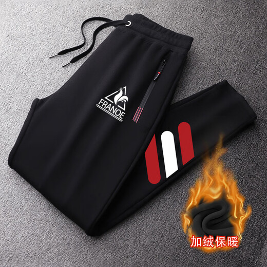 Le coq sportif French big cock casual sports pants for men in spring, autumn and winter new fashion versatile running leggings long pants black velvet flat-footed sweatpants red and white three stripes XL recommended 140-160Jin Jin equals 0.5 kg