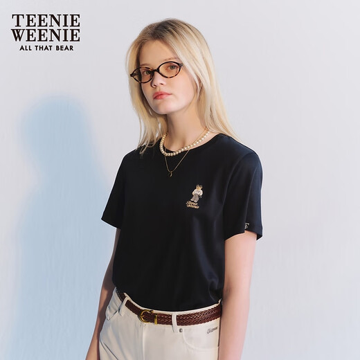 Teenie Weenie小熊女装夏季圆领短袖T恤简约时尚宽松松弛休闲上衣 黑色 160/S