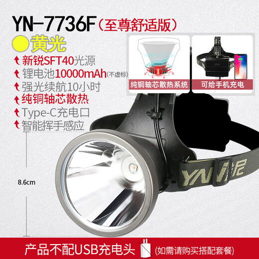 雅尼（YANI）头灯强光充电超亮头戴式手电筒大功率户外led矿灯锂电超长续航 7736F（黄光）：736F舒适后置款 21700规格锂电池