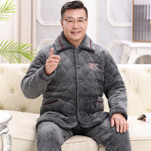 Pajamas pour hommes Xuanduoqi en hiver épaissis et velours corallien velours à trois couches en coton de l'âge moyen et âgés père d'automne et de vêtements de maison d'hiver C9902 # hommes gris noir [Velvet de lait] xl (120-140jin [Jin équivaut à 0,5 kg]) à trois couches épouses épaisseries