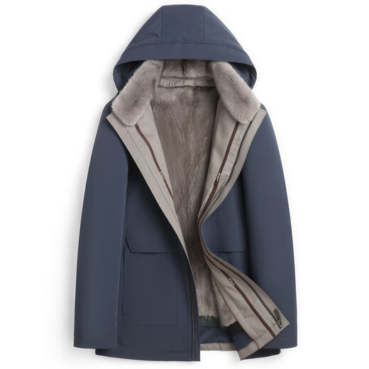Barberon Men's Mink Fur Coat Mink Liner Mid-Length Hooded Civil Service Bureau Winter Fur Jacket Dark Lake Blue + Iron Gray Whole Mink Liner XL (175) Recommended 125-140 Jin Jin equals 0.5 kg