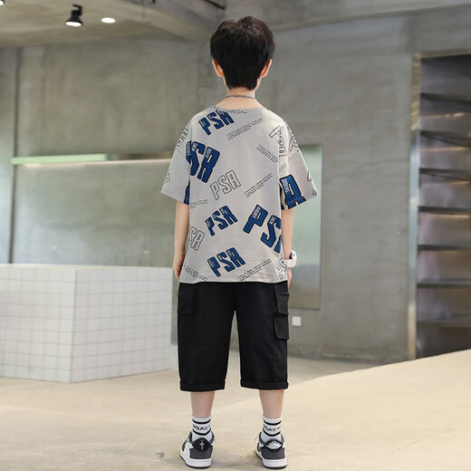 
AN Children's Clothing Boys Summer Set 2025 New Children's Summer Short-Sleeve Clothing Medium-Big Children's Cool and Fashionable Street Explosion Gray 150 (Suggested height about 145cm)