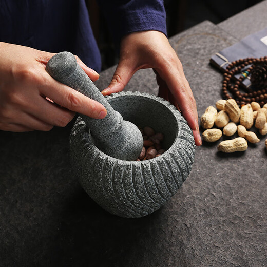Handmade retro bluestone mortar, garlic pounder, garlic masher, medicine jar, stone cup, bowl, garlic mortar, stone nest, stone pound, vintage threaded old stone mortar 16CM