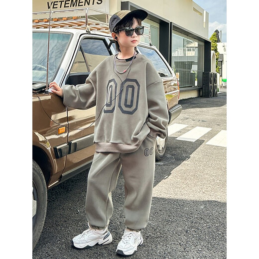 Lordton RUODEDUN light luxury brand children's sports suit men's plus velvet thickened sweatshirt sports suit autumn and winter two-piece set winter clothes boys brown 120cm