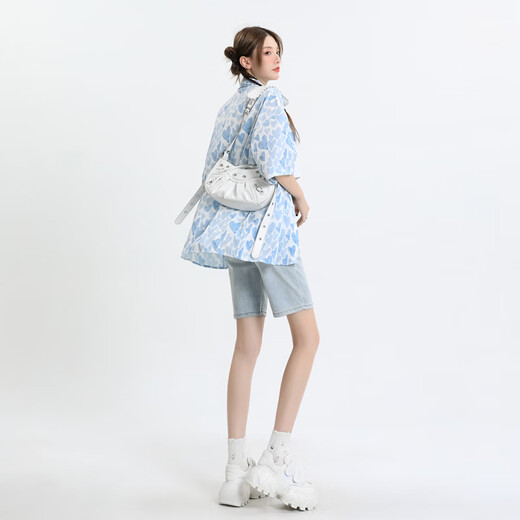 HMRSV2025 NEUER NEUE High-T-Fünf-Punkte-Denim-Shorts für Frauen losen und schlankes Retro-Design mittelgroße Hose Trendy Moonlight Blue-H9930 M Empfohlenes Gewicht 99-109jin [Jin entspricht 0,5 kg]