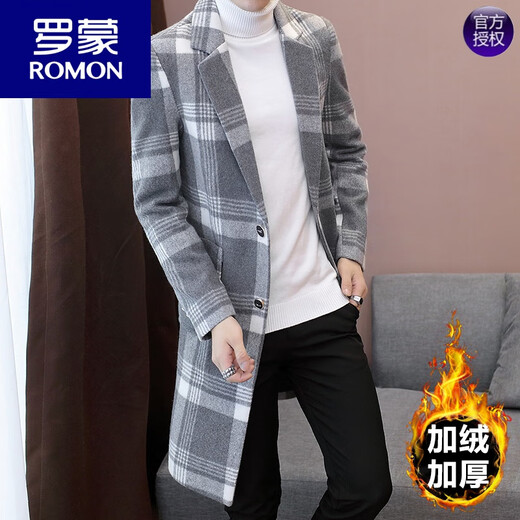 ROMON 2026 new autumn and winter mid-length windbreaker men's Korean style casual coat plus velvet and thickened plaid woolen coat 803 gray 2XL