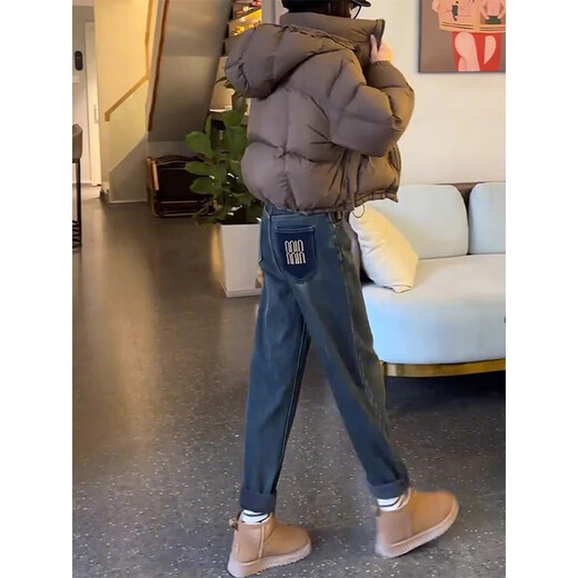 Yiran presents Harem loose and versatile jeans for women in autumn and winter, covering the crotch and showing slimness, high waist, straight casual heavyweight plus velvet long pants for women, gray, regular XL, recommended 120-140Jin Jin is equal to 0.5 kg