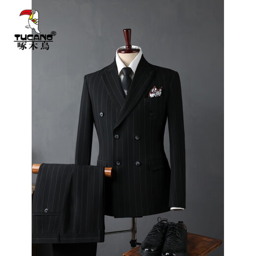 Woodpecker (TUCANO) Men's Suit Suit Casual Business Formal Wear Groomsmen's Suit Groom Wedding Double-breasted Striped Suit Jacket Men's Dark Blue (Suit+Vest+Trousers) 3XL 56(145-158Jin Jin equals 0.5kg)
