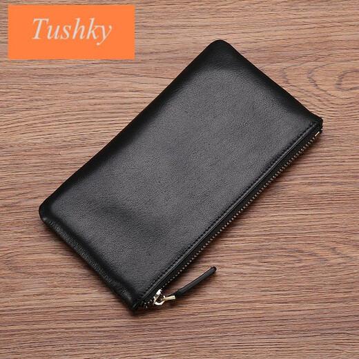 Tushky Handtasche Herren 2025 Neues echtes Leder Weiches Leder Herren Brieftasche Langes Reißverschluss Business Casual Top Layer Cowide Mobiltelefon Beutel Schwarz 1 kleine Größe