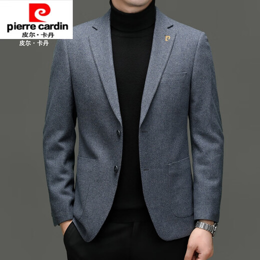 皮尔卡丹高档高端羊绒西装男格子中年男士休闲西服羊毛呢大衣外套短款 蓝格 5777款后中开叉 170/M 建议100-125斤