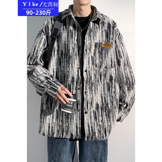Vous ruike gras 230jin [Jin est égal à 0,5 kg] de grande taille Tiktok automne de grande taille de grande taille de teinture rétro veste de travail imprimée masculine de veste décontractée A001-J683 Black Plus Fleece 2xl costume (160-170jin [Jin est égal à 0,5 kg]))