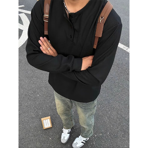Футболка с длинным рукавом Yalu Black American Genry Neck Mens Awumn и Winter Waffle Pluse Plus Fleos Collesed Base Rube 1381 Black [Высокое качество 23] Флис XL 125-140JIN [Джин равняется 0,5 кг]