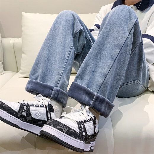 NEW OR MODE retro jeans men's autumn and winter new velvet thickened trendy brand straight pants American loose wide-leg trousers light blue velvet XL