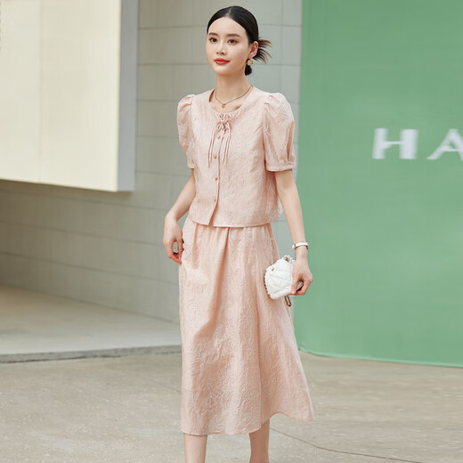 
Ehangy light luxury brand dress for women 2025 summer new high-end fashion slim embroidery two-piece skirt champagne powder (two-piece set) XL
