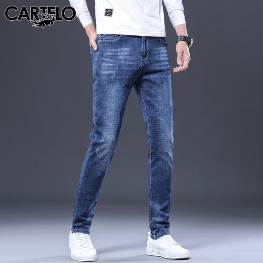 CARTELO crocodile jeans men's spring Korean style pants men's casual pants slim feet men's pants blue 30