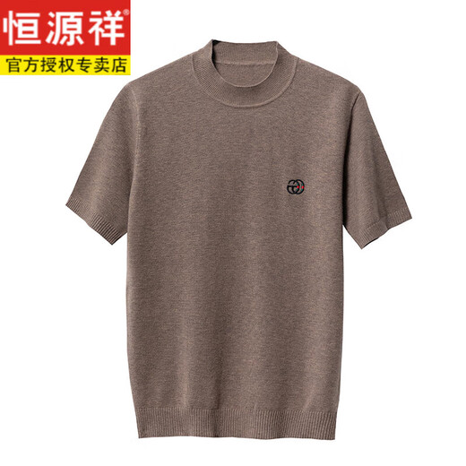 恒源祥（HYX）高端品牌100纯羊毛衫男短袖.t.恤圆领秋冬季男士薄款毛衣半袖打底 12121深驼色 165/105【建议100-120斤】