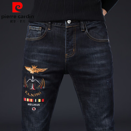 皮尔卡丹（pierre cardin）香港男士针织牛仔裤春秋冬新款时尚刺绣花弹力修身休闲百搭小脚裤 浅灰色6628 32 (2尺5)