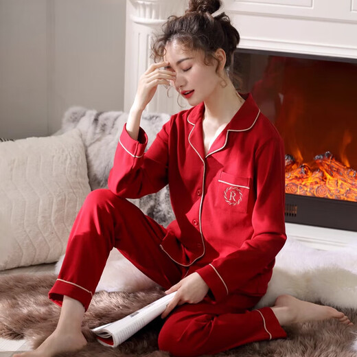 Adore Autumn and Summer Women's Pure Cotton Pajamas Women's Spring and Autumn Pure Cotton Long-Sleeved Home Clothes Year of the Horse Big Red Animal Year Set 88305 True Red - Set L Size (Weight 110-125 Jin Jin is equal to 0.5 kg)