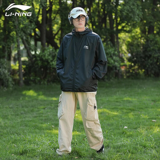 Li ning manteau masculin extérieur extérieur léger le vent de protection solaire de protection solaire lâche sportive décontractée cardigan trenchan trenchan trench-coat noire l